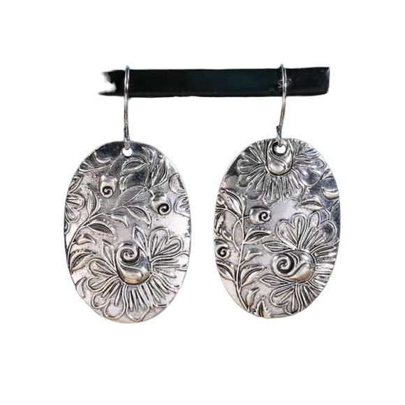 Silver Floral Embossed Oval Drop Earrings - Picture 1 of 5